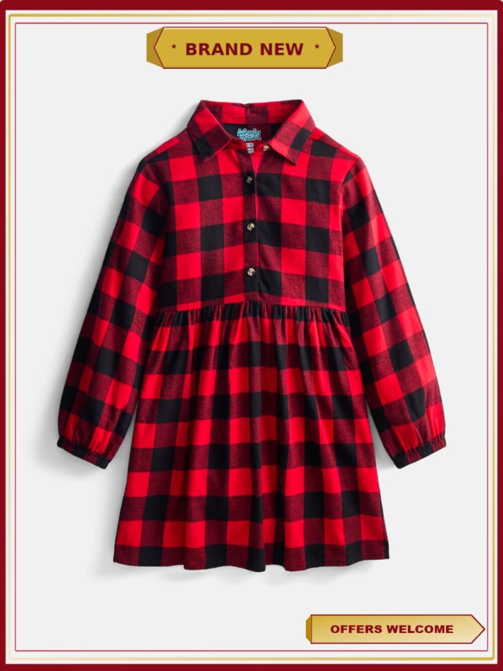 Girls Cotton Shirt Dress Button Front Tiered Skirt Point Collar